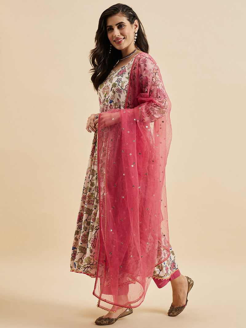 Floral Printed Anarkali Kurta With Palazzo & Dupatta Set