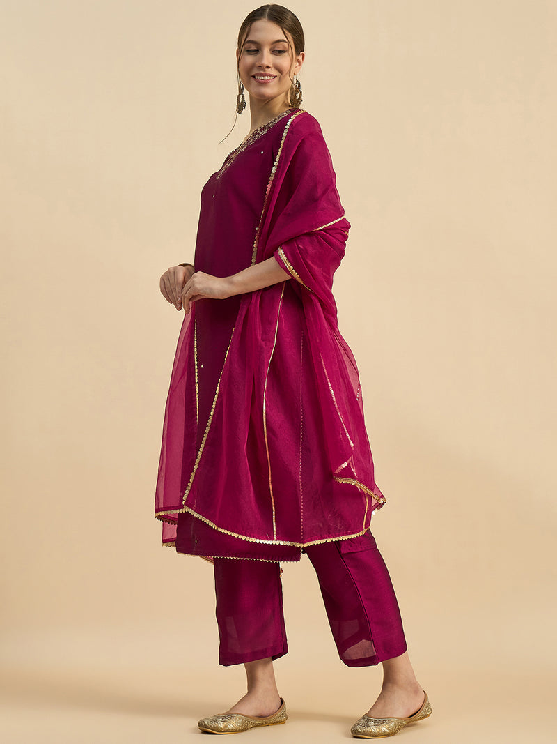 Solid Embroidered Straight Kurta With Palazzo & Dupatta Set