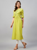 A-Line Lime Green Paisely Embroidered Rayon Kurta