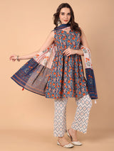 Floral Printed  Gathered Keyhole Neck  Kurta with palazzo & dupatta set