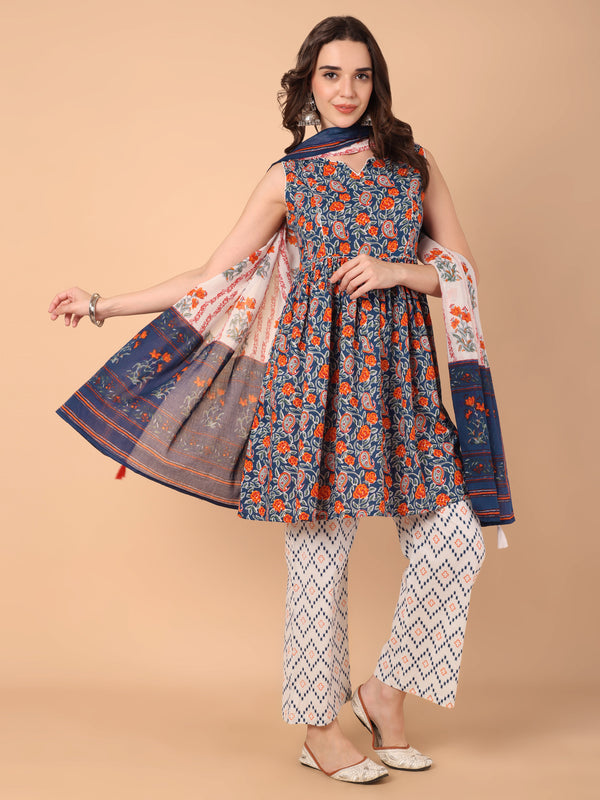 Floral Printed  Gathered Keyhole Neck  Kurta with palazzo & dupatta set
