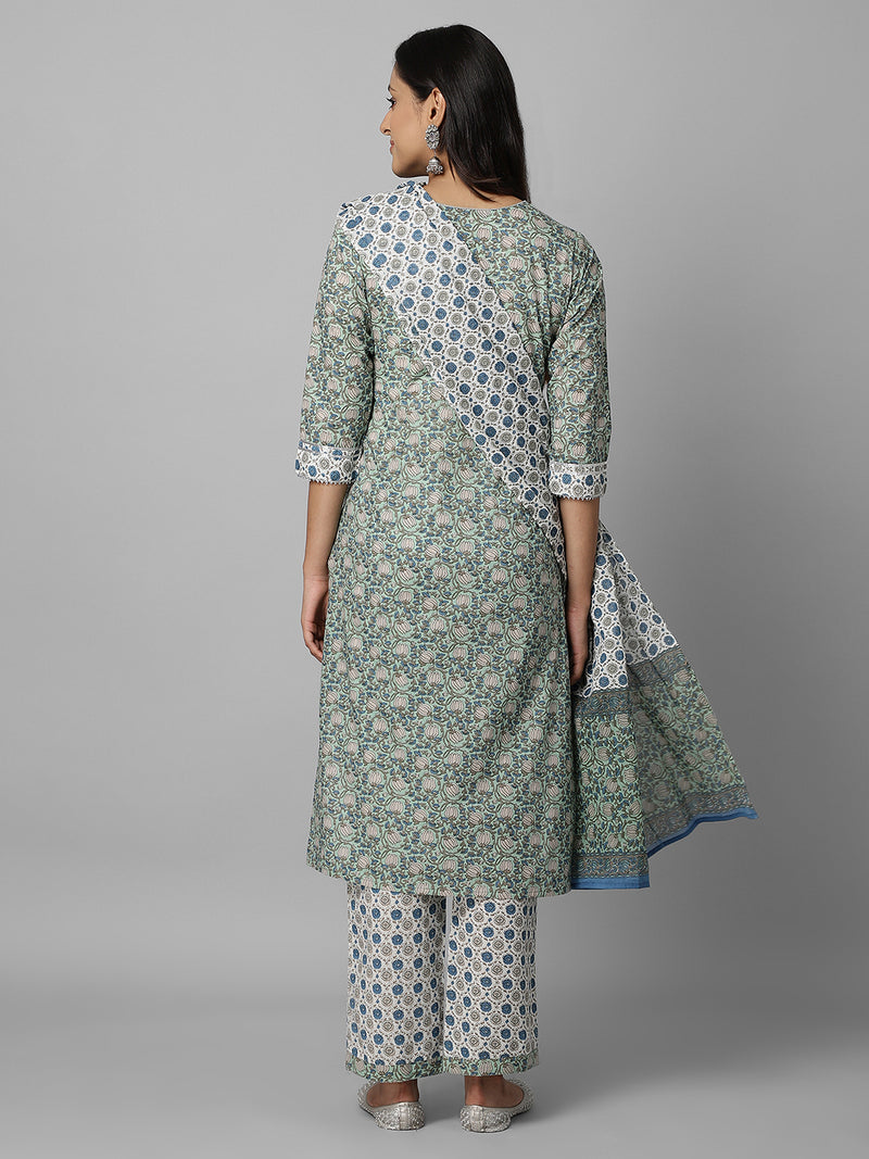 Green Printed Cotton Kurta With Dupatta & Palazzo