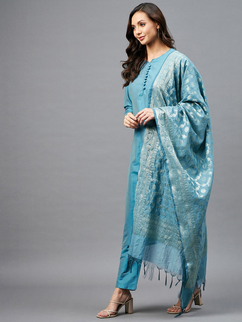 Straight Calf Length Kurta With Palazzo & Dupatta