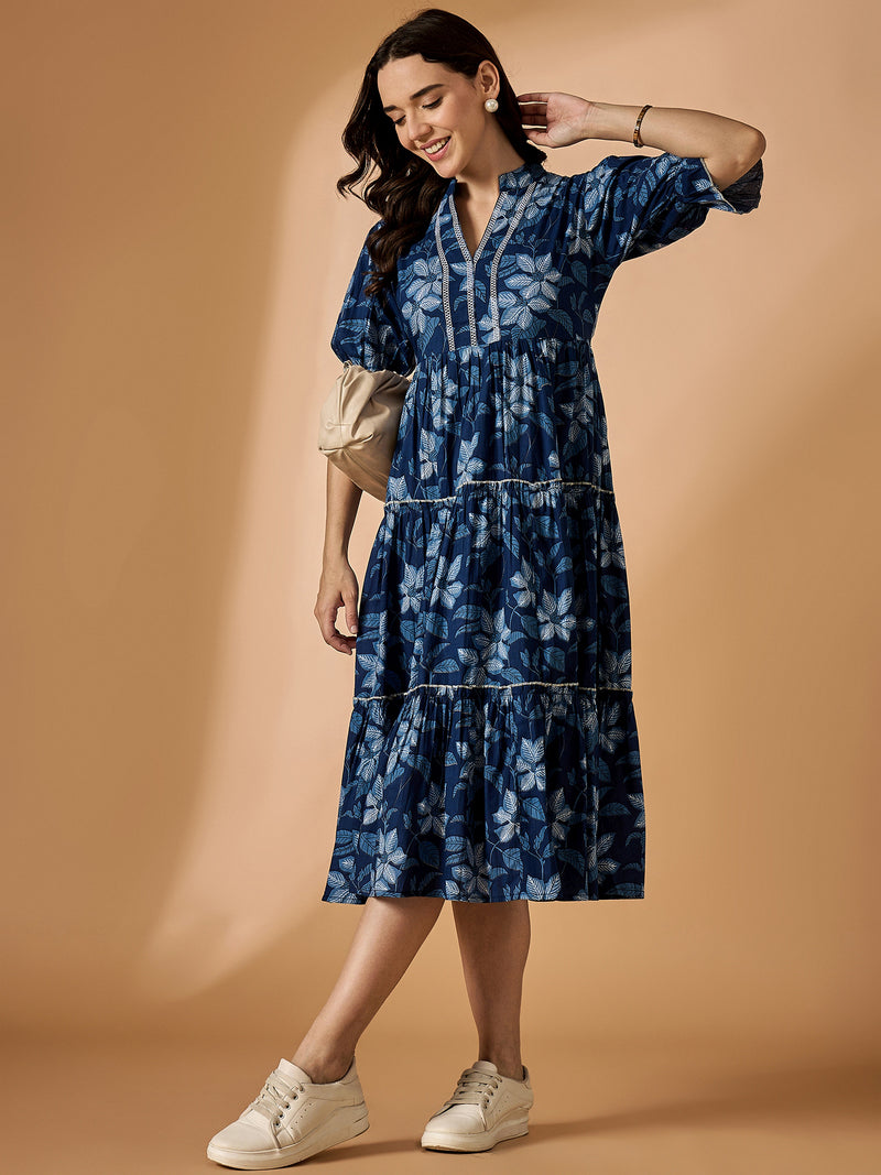 Blue Embroidered Fit & Flared Dress