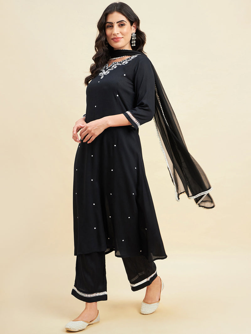 Black Rayon Straight Calf Length Kurta With Palazzo Dupatta Set