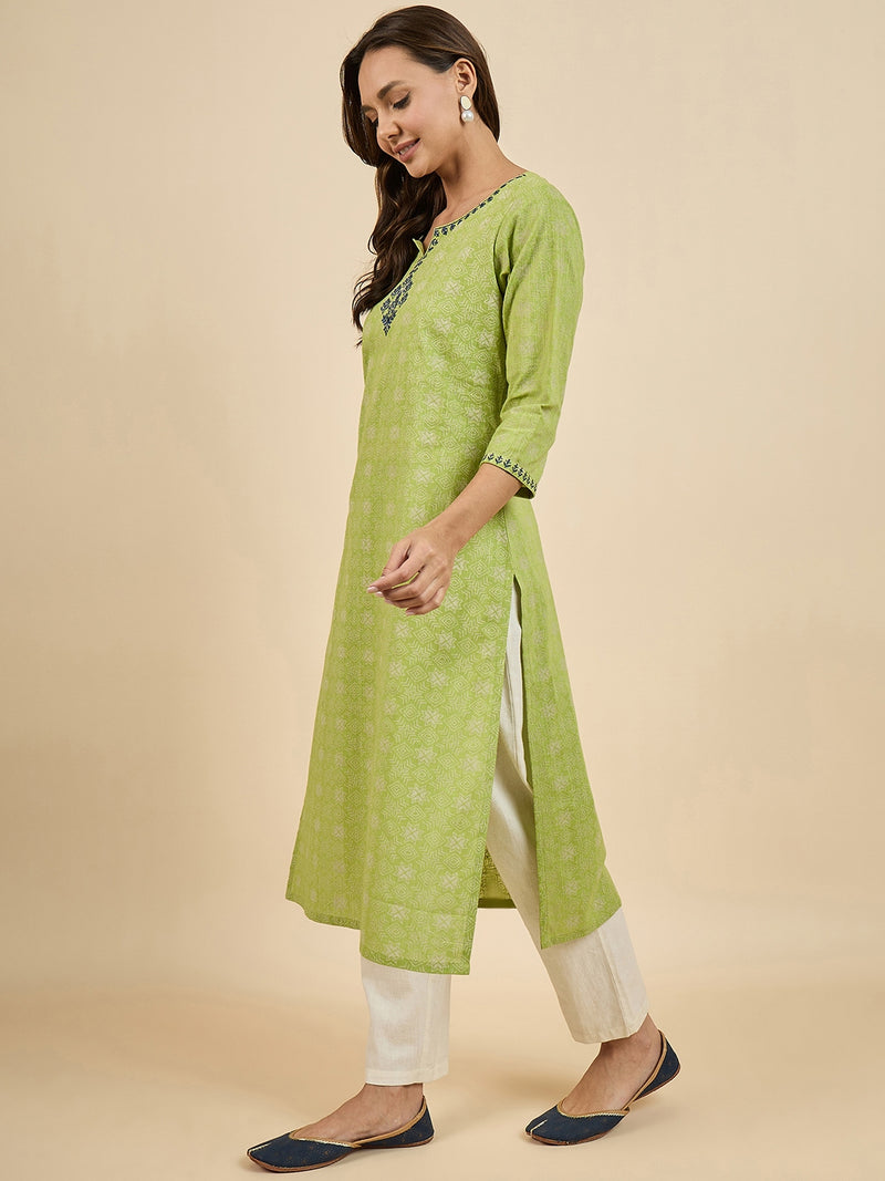 Green Cotton Straight Kurta