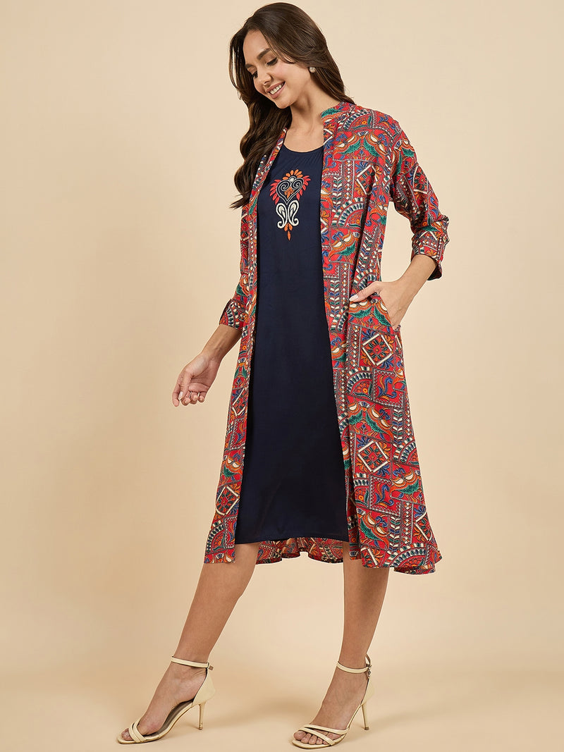 Solid A line Dress With Printed Shrug