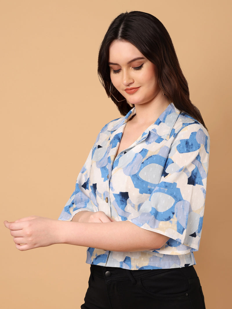 Abstract Printed Shirt Collar Top