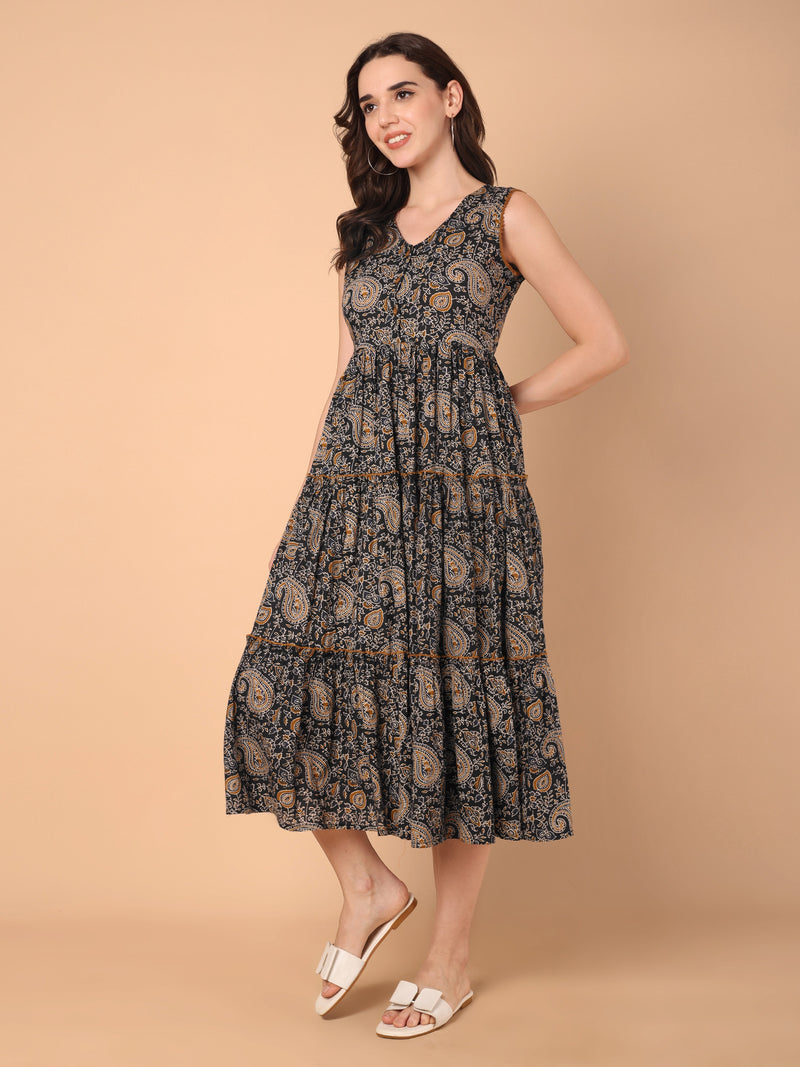 Paisley Print V-Neck Flared Dress