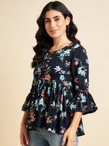 Floral Printed Navy Blue Rayon Top