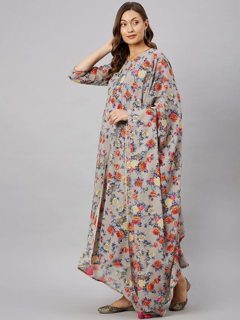 Floral Printed Kurta With Palazzo & Dupatta Set