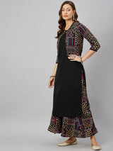 Printed Black Kurta With Palazzo & Jacket Set