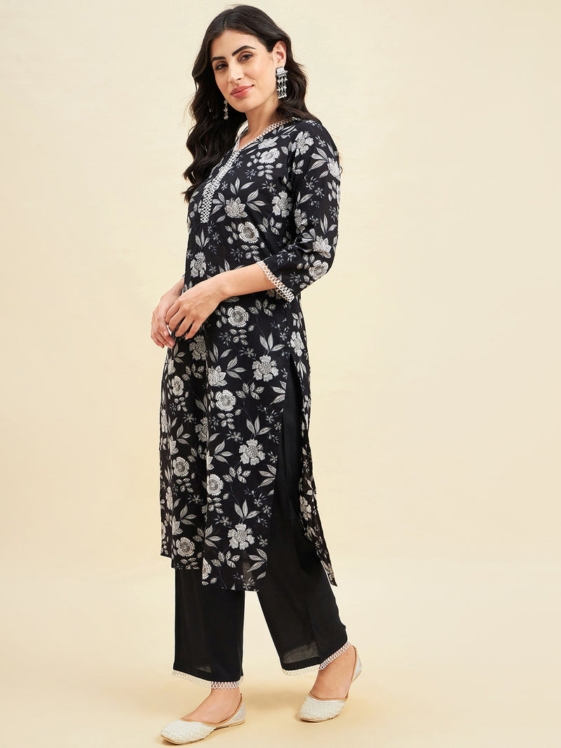 Black Cotton Straight Calf Length Kurta With Palazzo Set