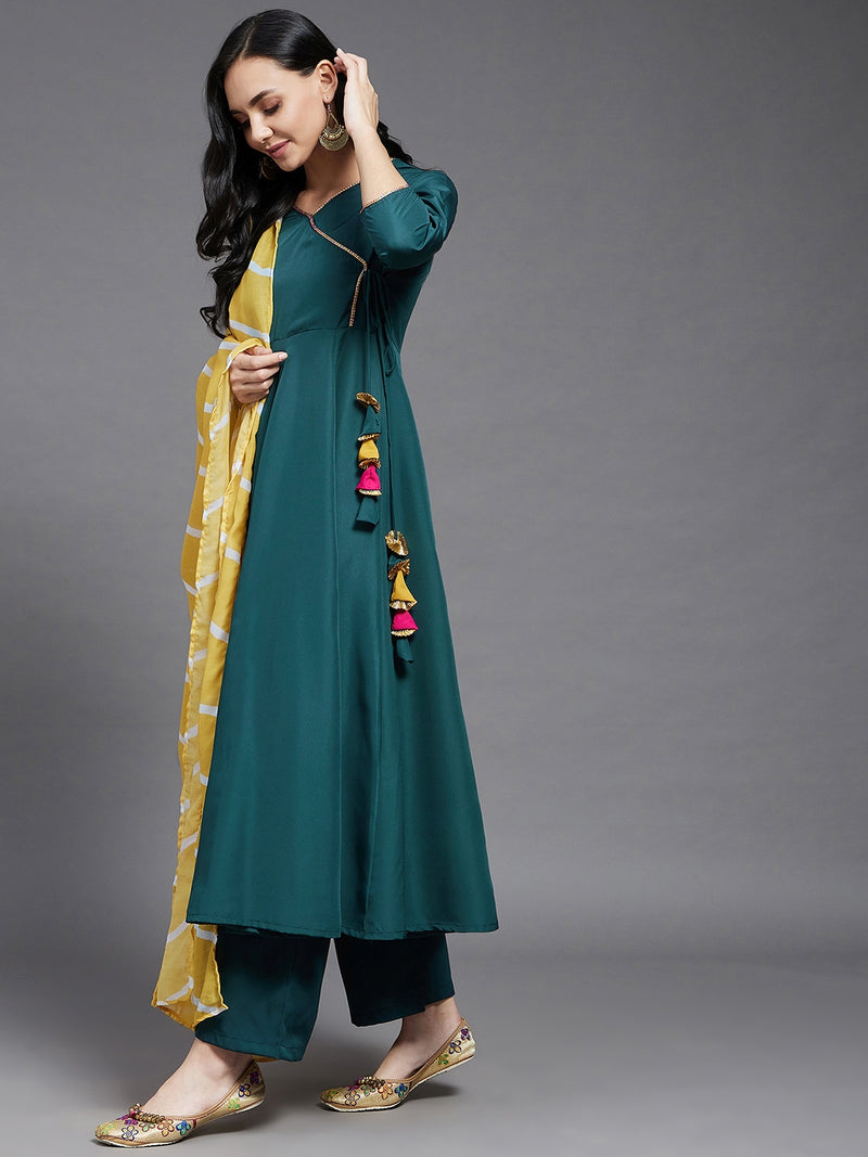 Green Solid Angrakha Kurta With Dupatta & Palazzo