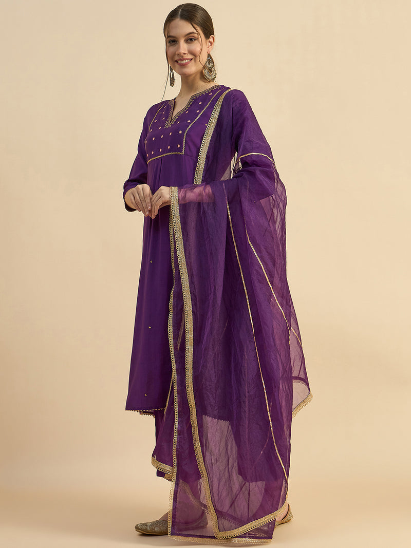 Embroidered Flared Kurta With Palazzo & Dupatta Set