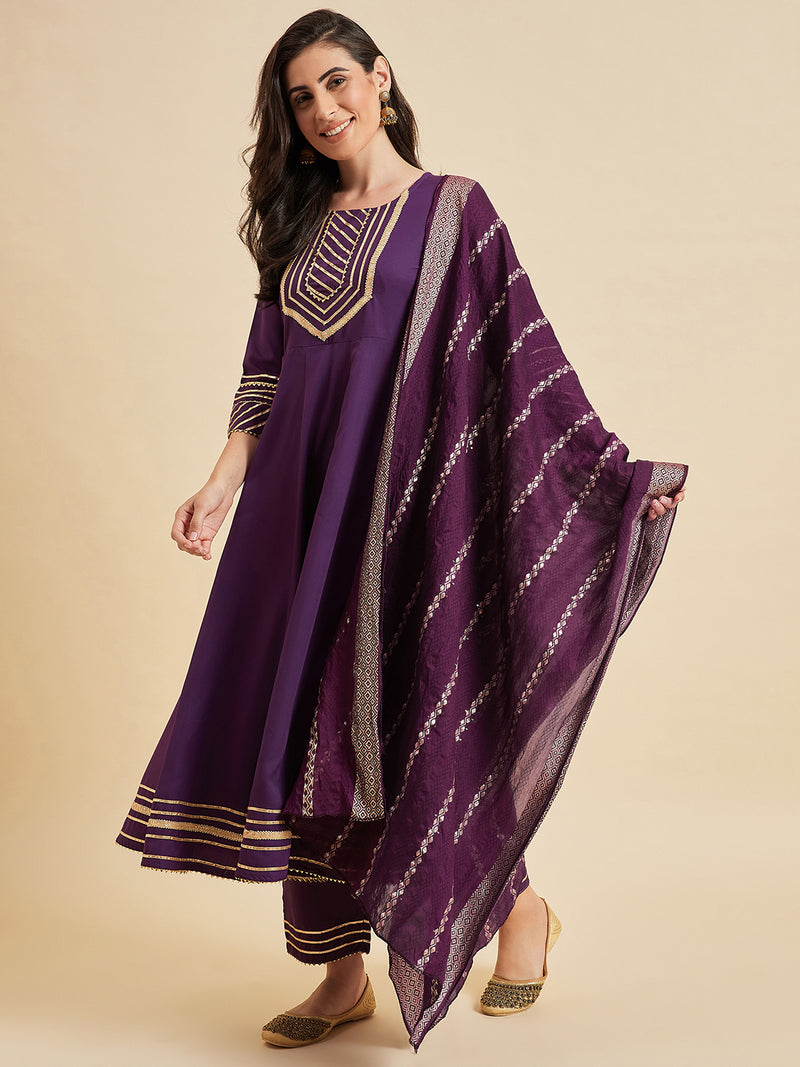 Purple Panelled Kurta With Palazzo And Dupatta Set