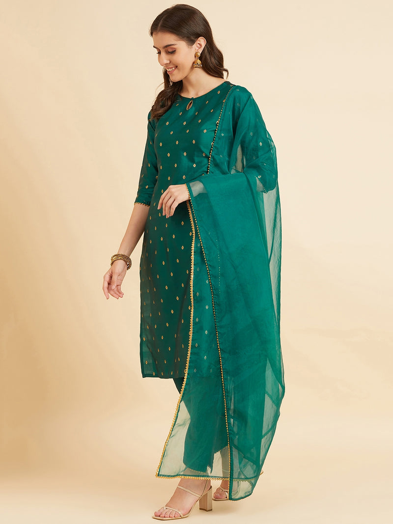 Green Straight Calf Length Kurta With Palazzo & Dupatta Set