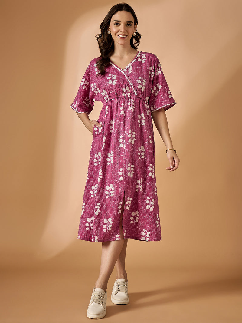 Pink V neck Fit & Flared Dress