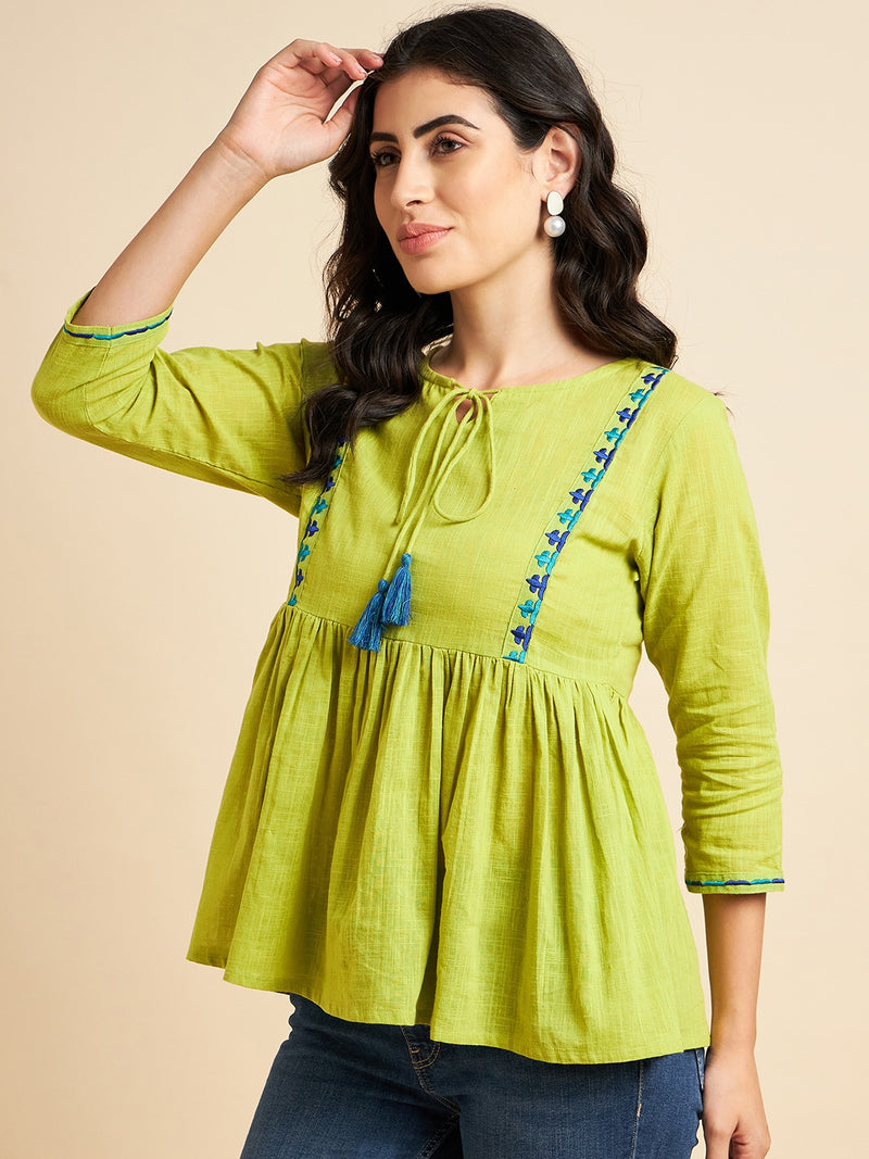 Lime Green Embroidered Peplum Cotton Top