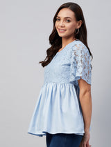 Solid Blue and Flower Lace Gathered A-Line Top