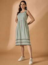 Green Square Neck Striped Dress