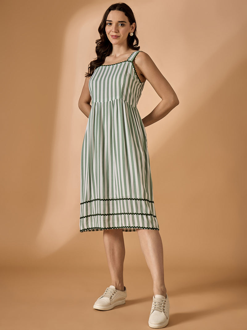 Green Square Neck Striped Dress