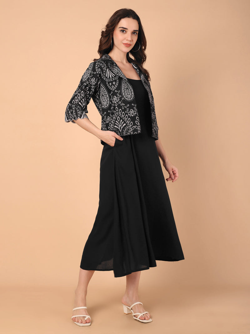 Gathered Dress With Printed Jacket