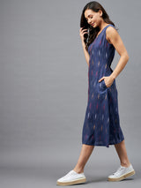 Navy Blue Ikkat Printed A-Line Button Down Dress