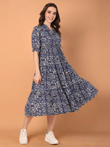 Printed Mandarin Collared Midi Dress