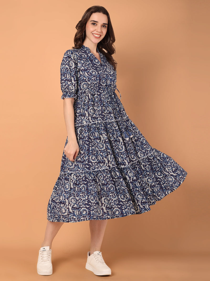 Printed Mandarin Collared Midi Dress