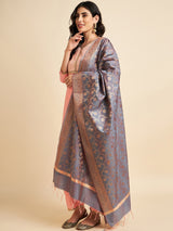 Peach Raw Silk Straight Calf Length Kurta With Palazzo Dupatta Set