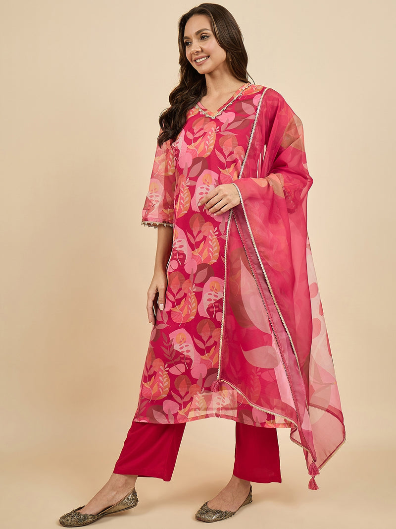 Floral Printed Kurta With Palazzo & Dupatta Set