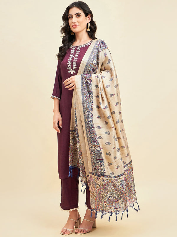 Purple Rayon Straight Calf Length Kurta With Palazzo Dupatta Set