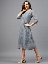 Grey and Golden Checks Printed A-Line Dress