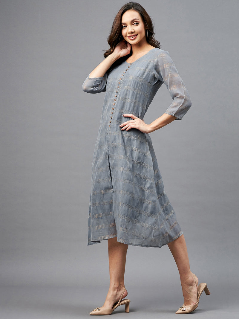 Grey and Golden Checks Printed A-Line Dress