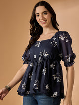 Blue Floral Printed Empire Top