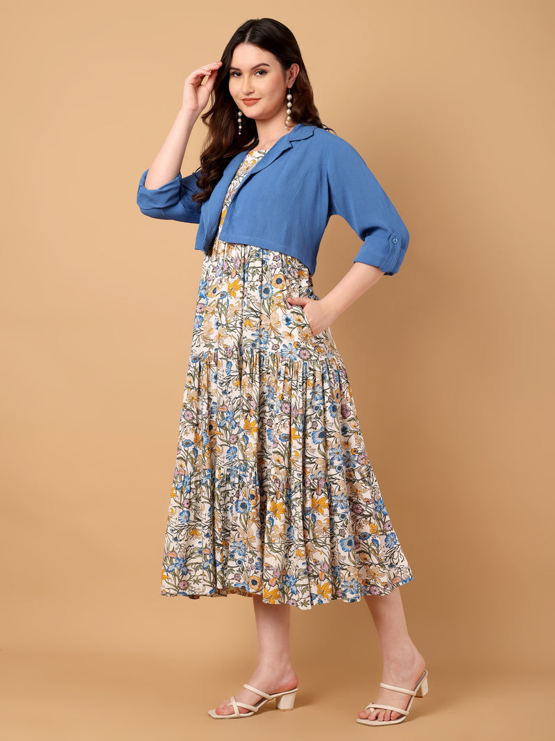 Floral Printed Gathered Dress with jacket