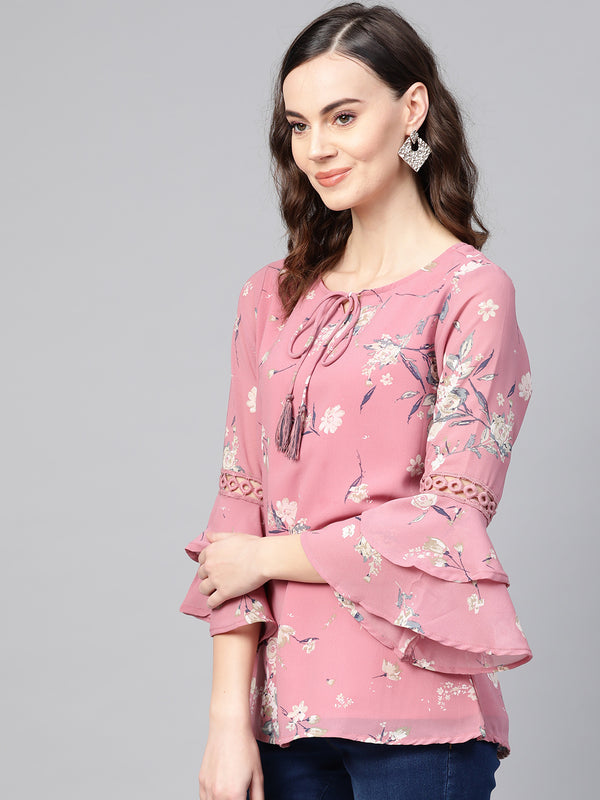 Pink and Grey Floral Printed Gathered Top Having Round Neck with Ruffle Sleeves