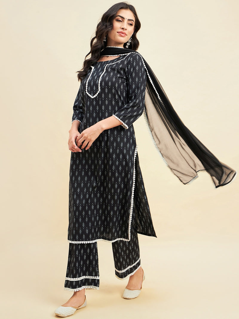 Black Cotton Straight Calf Length Kurta With Palazzo Dupatta Set