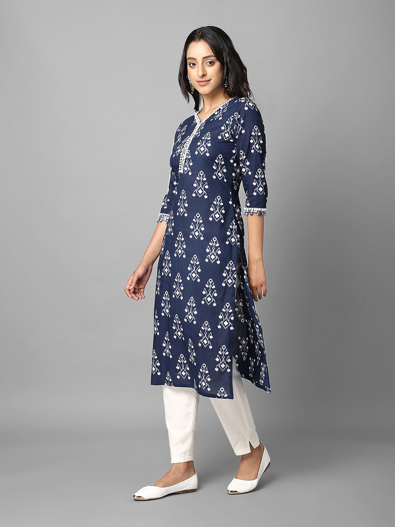 Blue Cotton Printed Kurta