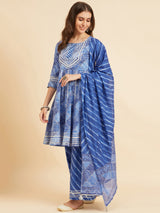 Blue Cotton Flared Kurta With Palazzo & Dupatta Sharara Set