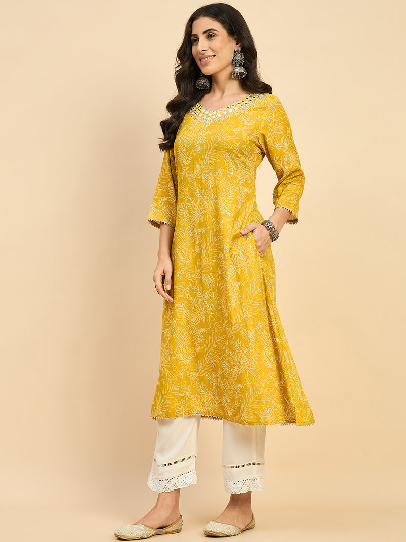 Embroidered Yellow A line Kurta