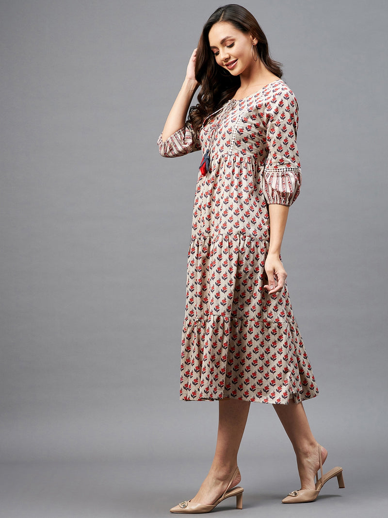 Beige Floral Printed Gathered A-Line Dress