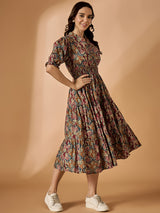 Brown Floral Printed Fit & Flared Dress