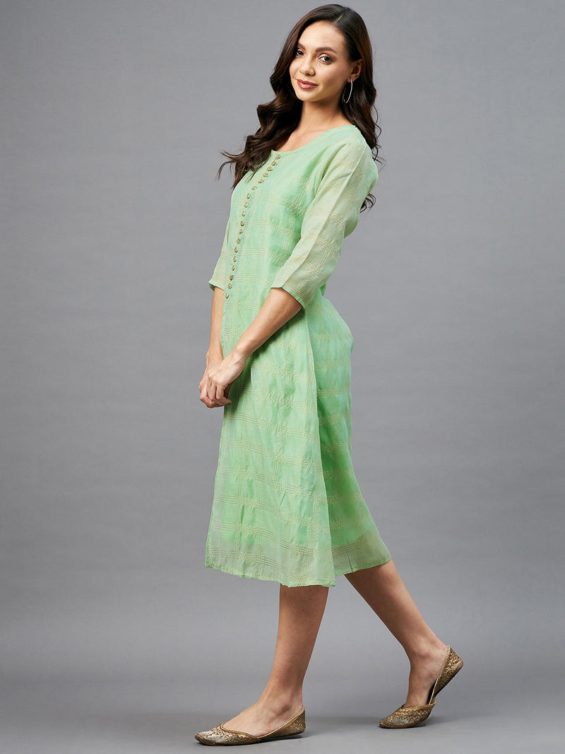 Green and Golden Checks Printed A-Line Dress