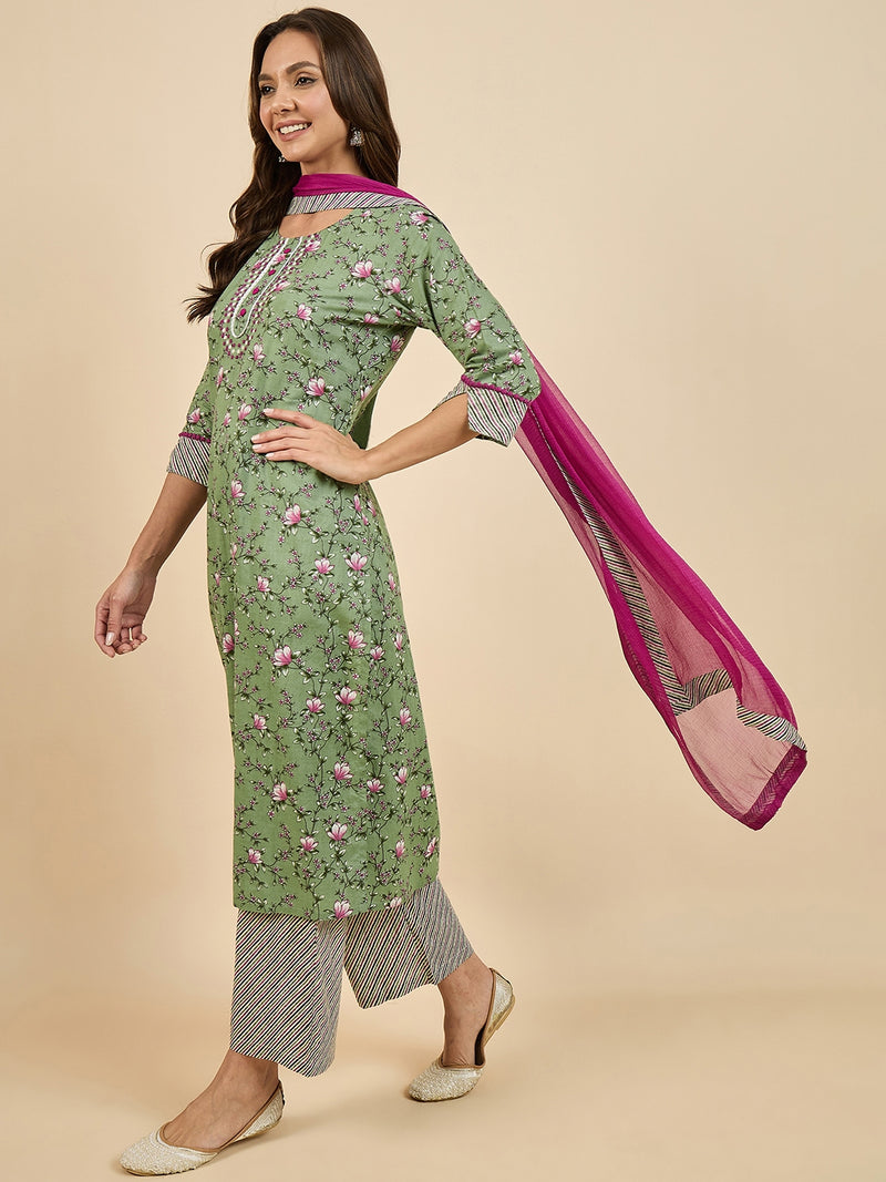 Floral Printed Kurta With Palazzo & Dupatta Set