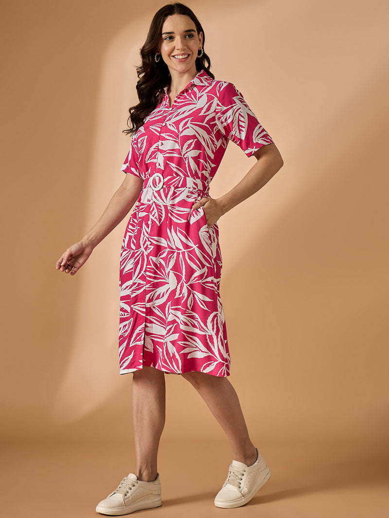Pink Shirt Collard Printed Dress
