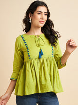 Lime Green Embroidered Peplum Cotton Top