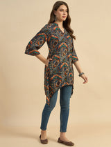 Printed Black Mandarin Collar Kurta