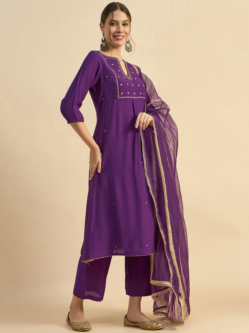 Embroidered Flared Kurta With Palazzo & Dupatta Set